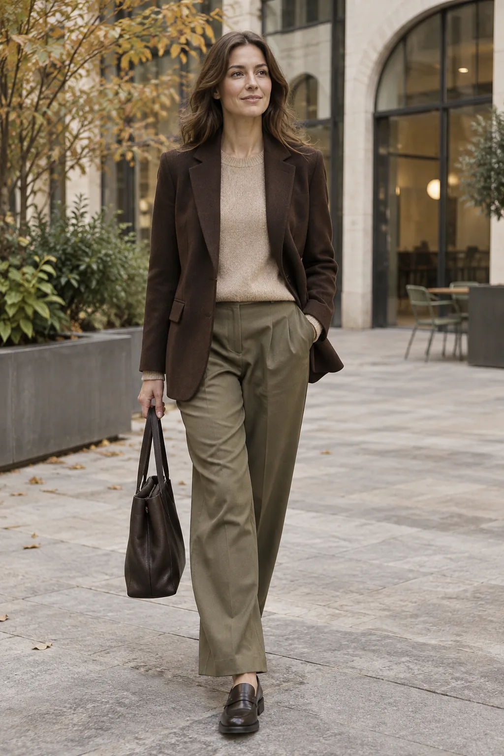 Autumn outfit with blazer, fine knit and relaxed trousers outside an office building