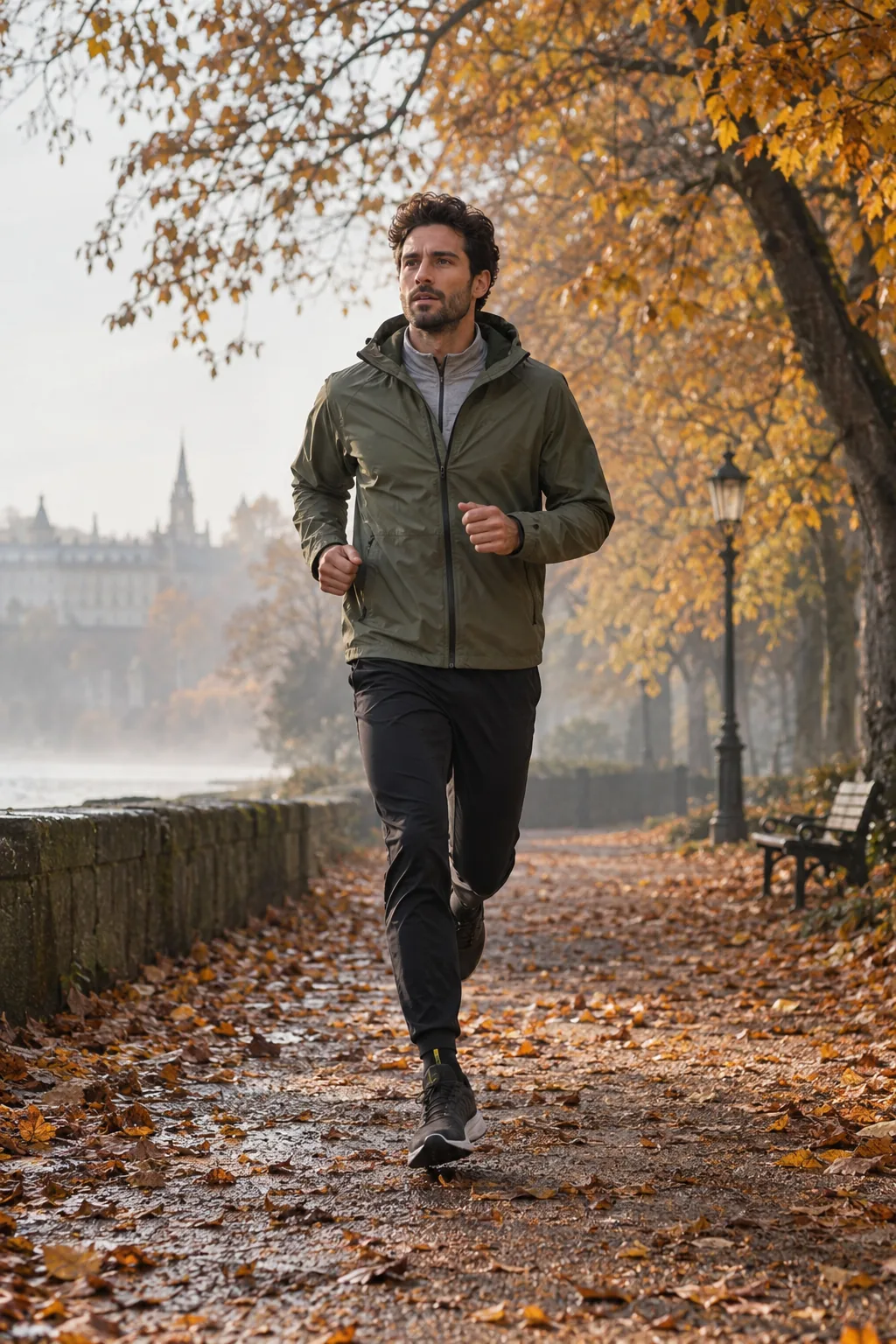 Runner in a light jacket and dark running trousers on an autumn path